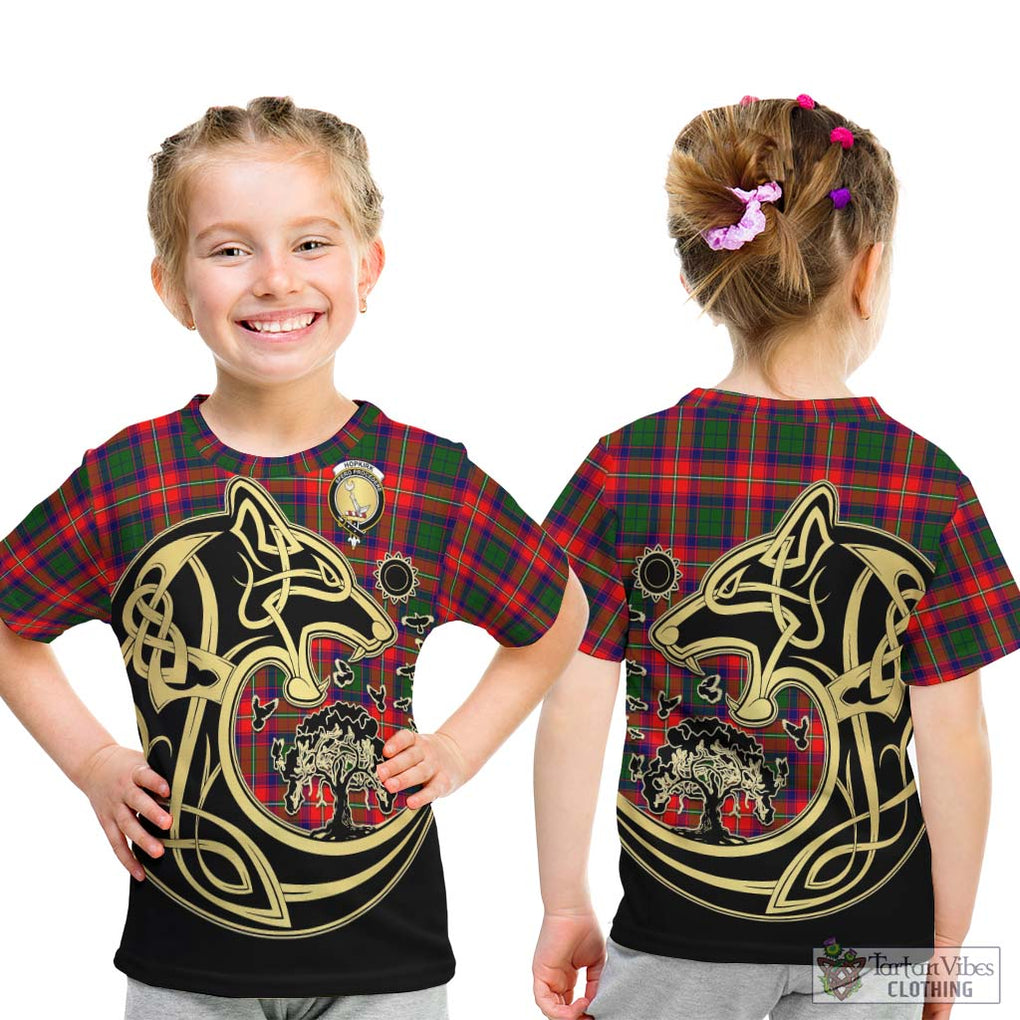 Hopkirk Tartan Kid T-Shirt with Family Crest Celtic Wolf Style - Tartan Vibes Clothing