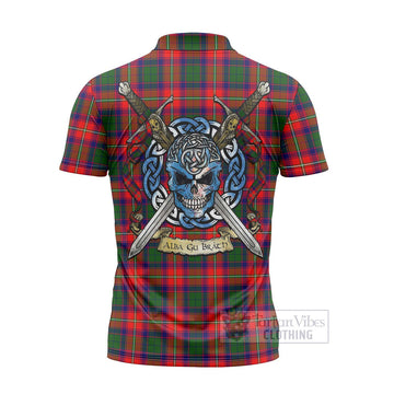 Hopkirk Tartan Zipper Polo Shirt with Family Crest Celtic Skull Style