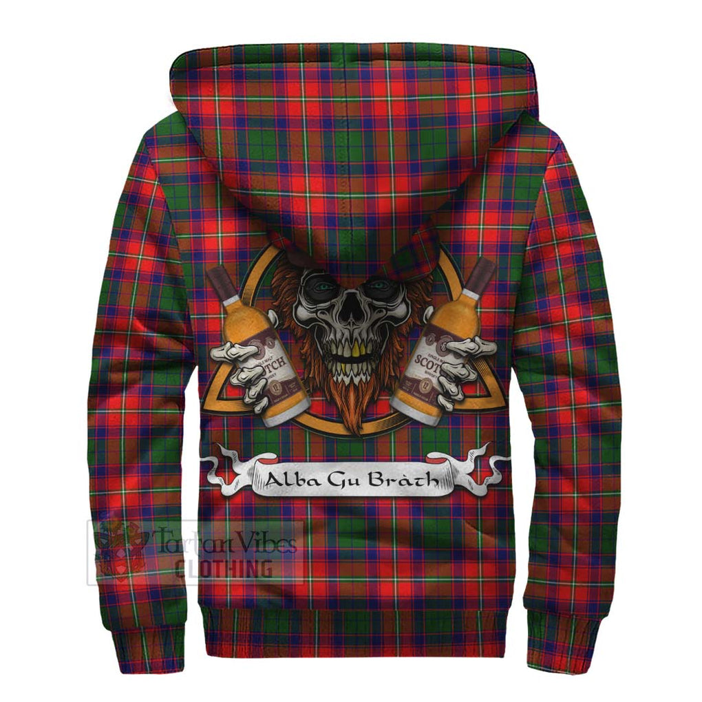 Tartan Vibes Clothing Hopkirk Tartan Sherpa Hoodie with Family Crest and Bearded Skull Holding Bottles of Whiskey