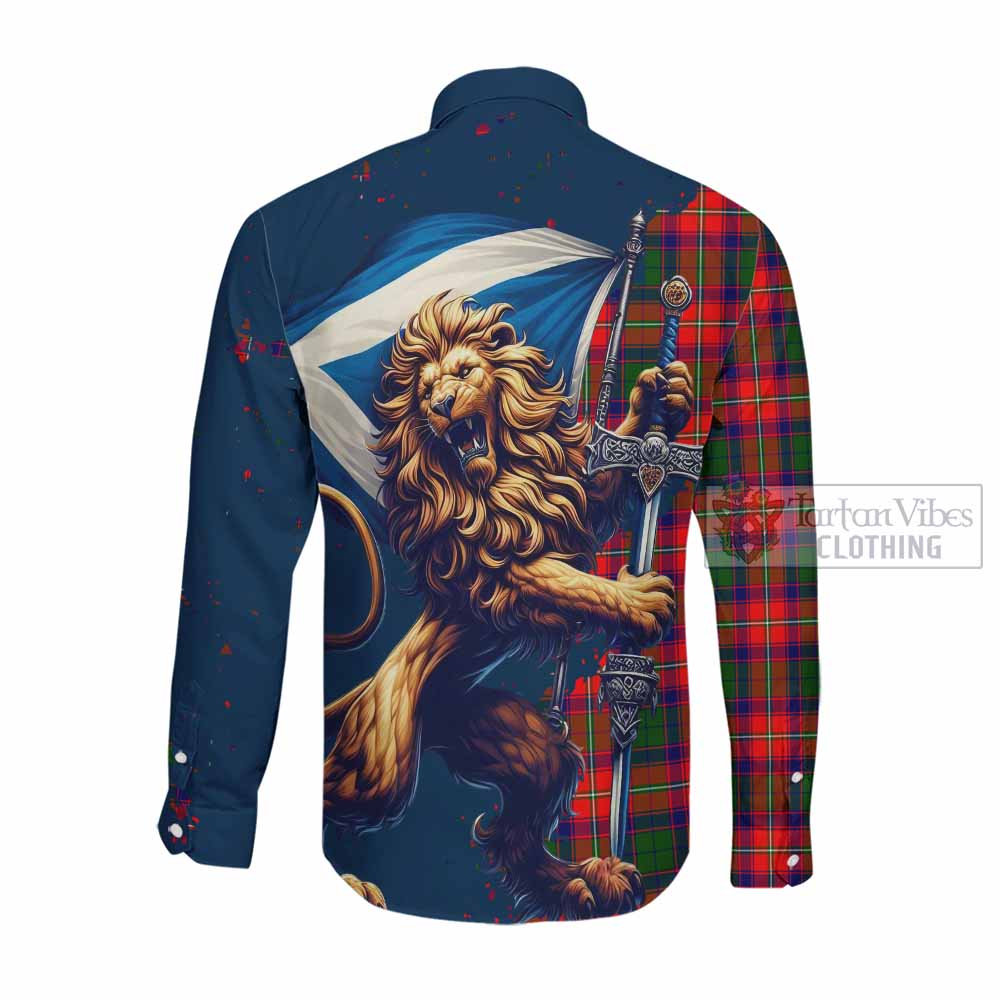 Tartan Vibes Clothing Hopkirk Tartan Family Crest Long Sleeve Button Shirt with Scottish Majestic Lion