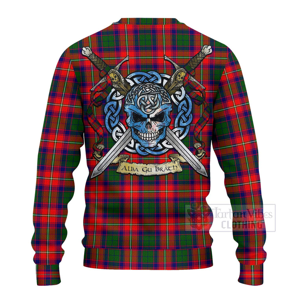 Tartan Vibes Clothing Hopkirk Tartan Knitted Sweater with Family Crest Celtic Skull Style