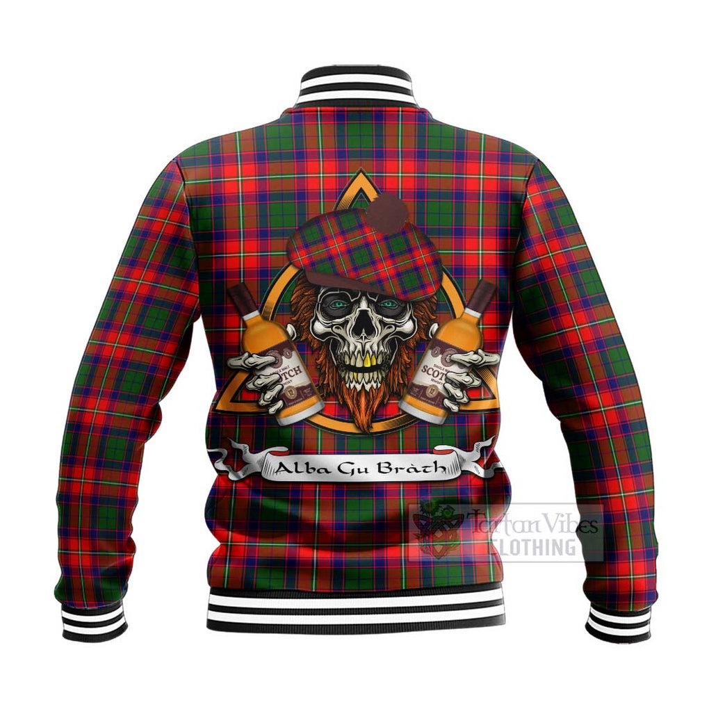 Tartan Vibes Clothing Hopkirk Tartan Baseball Jacket with Family Crest and Bearded Skull Holding Bottles of Whiskey