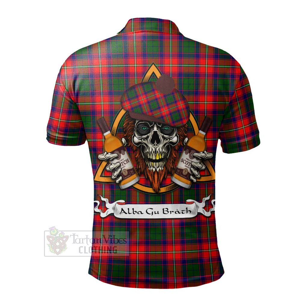 Tartan Vibes Clothing Hopkirk Tartan Polo Shirt with Family Crest and Bearded Skull Holding Bottles of Whiskey