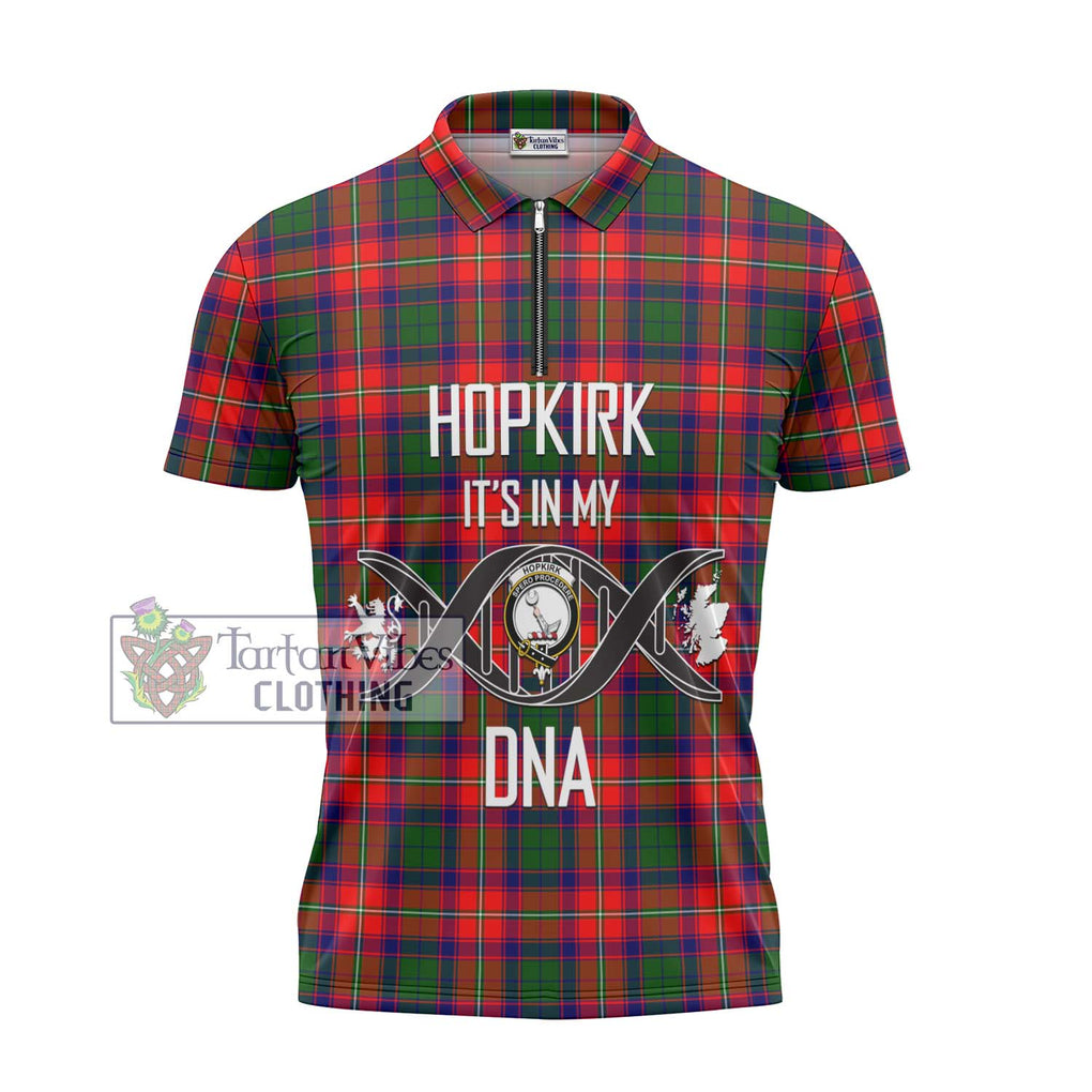 Hopkirk Tartan Zipper Polo Shirt with Family Crest DNA In Me Style - Tartanvibesclothing Shop