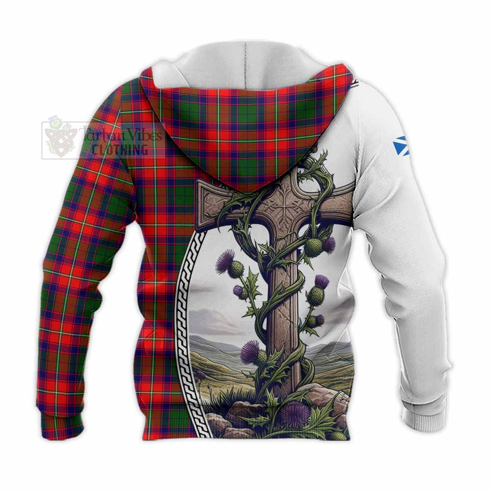 Tartan Vibes Clothing Hopkirk Tartan Knitted Hoodie with Family Crest and St. Andrew's Cross Accented by Thistle Vines