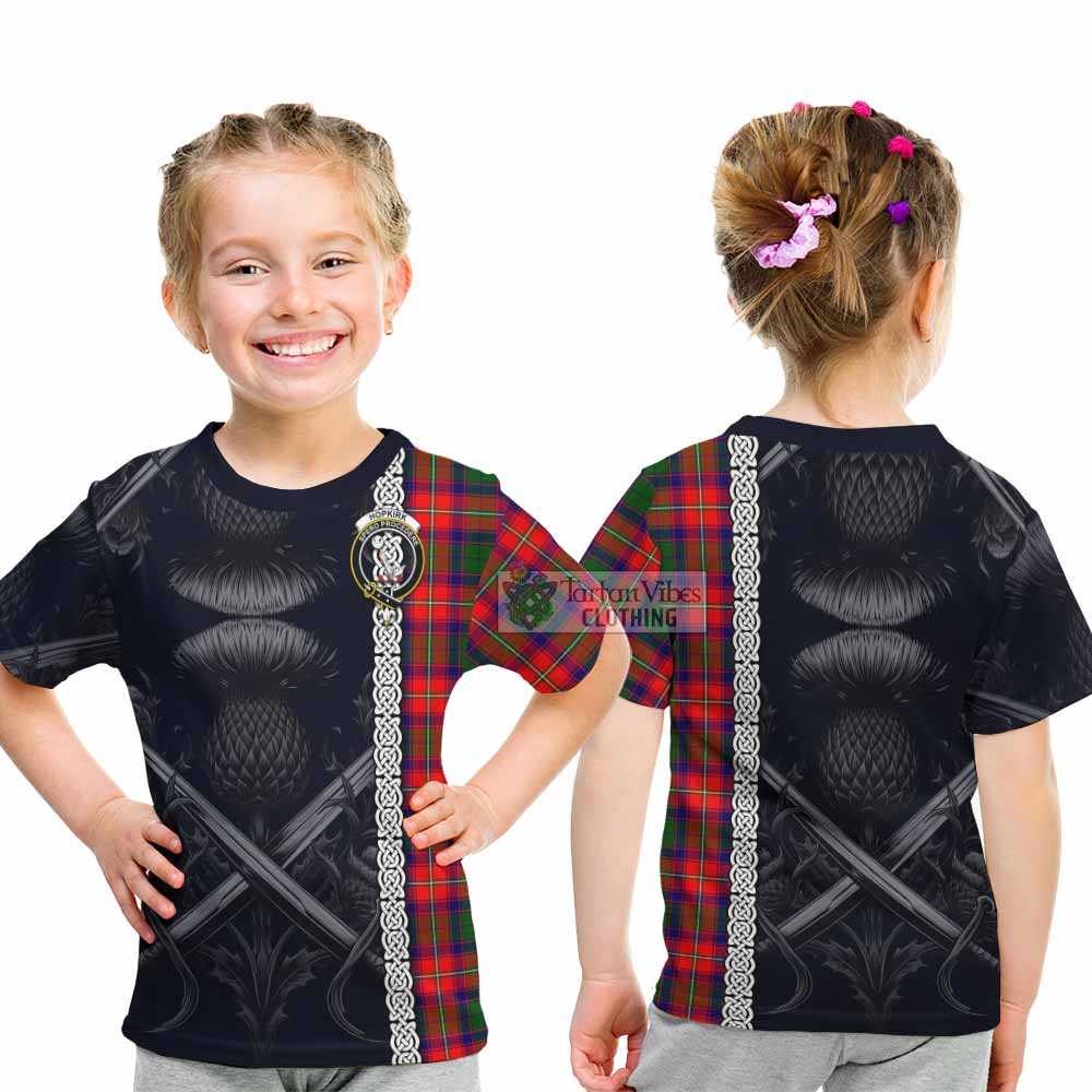 Tartan Vibes Clothing Hopkirk Tartan Kid T-Shirt with Family Crest Cross Sword Thistle Celtic Vibes