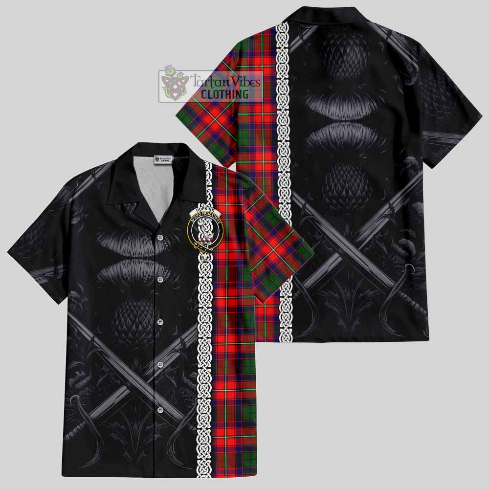 Tartan Vibes Clothing Hopkirk Tartan Short Sleeve Button Shirt with Family Crest Cross Sword Thistle Celtic Vibes