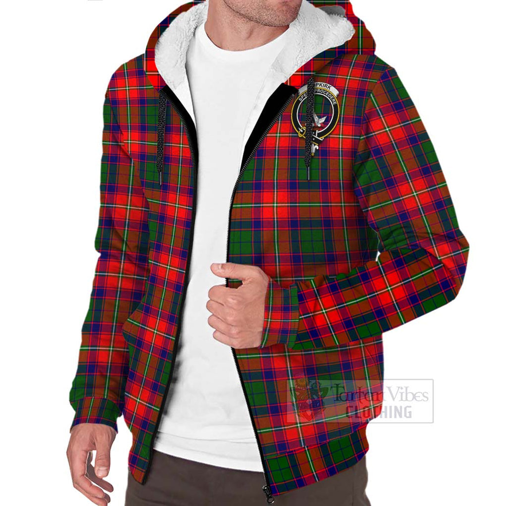 Tartan Vibes Clothing Hopkirk Tartan Sherpa Hoodie with Family Crest and Bearded Skull Holding Bottles of Whiskey