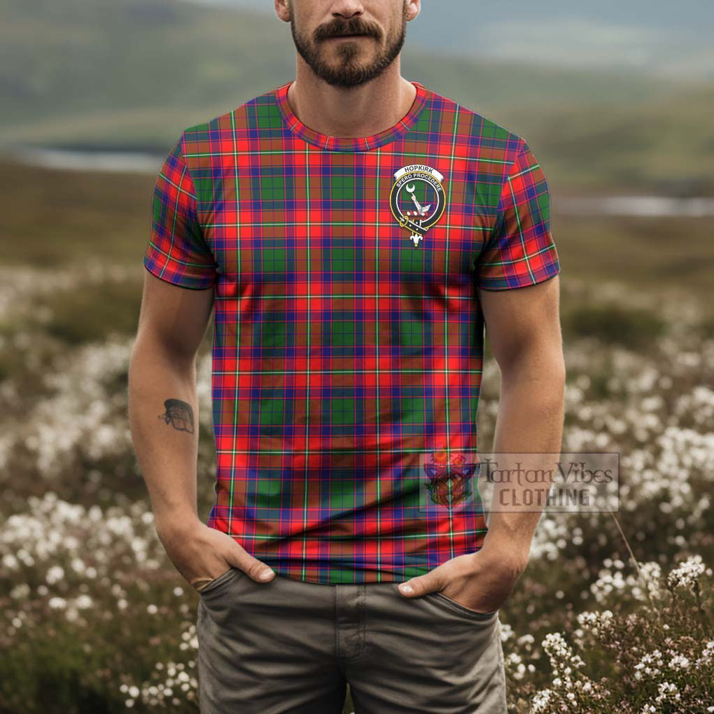 Tartan Vibes Clothing Hopkirk Tartan T-Shirt with Family Crest and Bearded Skull Holding Bottles of Whiskey