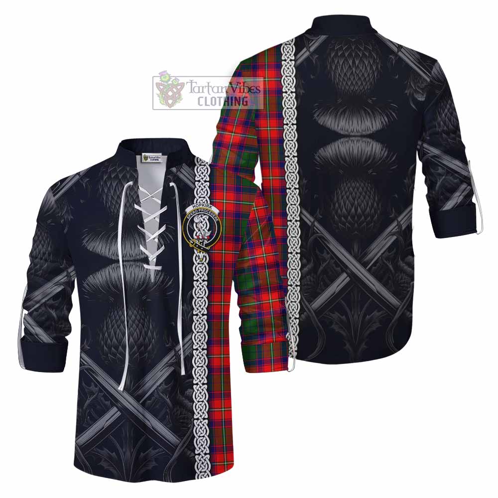 Tartan Vibes Clothing Hopkirk Tartan Ghillie Kilt Shirt with Family Crest Cross Sword Thistle Celtic Vibes