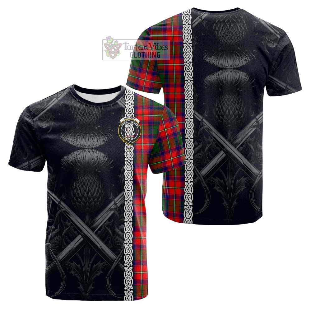 Tartan Vibes Clothing Hopkirk Tartan Cotton T-shirt with Family Crest Cross Sword Thistle Celtic Vibes