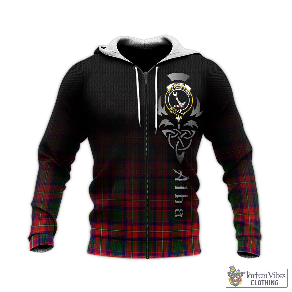 Tartan Vibes Clothing Hopkirk Tartan Knitted Hoodie Featuring Alba Gu Brath Family Crest Celtic Inspired