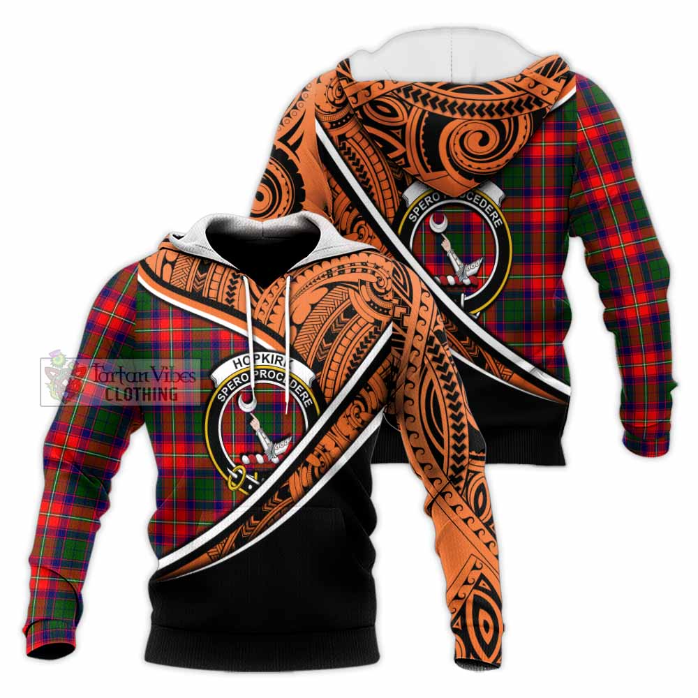 Tartan Vibes Clothing Hopkirk Crest Tartan Knitted Hoodie with Maori Tattoo Style - Orange Version