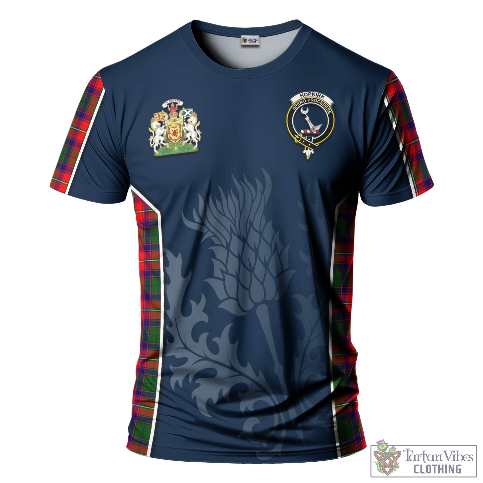 Tartan Vibes Clothing Hopkirk Tartan T-Shirt with Family Crest and Scottish Thistle Vibes Sport Style