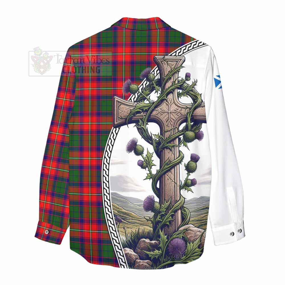 Tartan Vibes Clothing Hopkirk Tartan Women's Casual Shirt with Family Crest and St. Andrew's Cross Accented by Thistle Vines