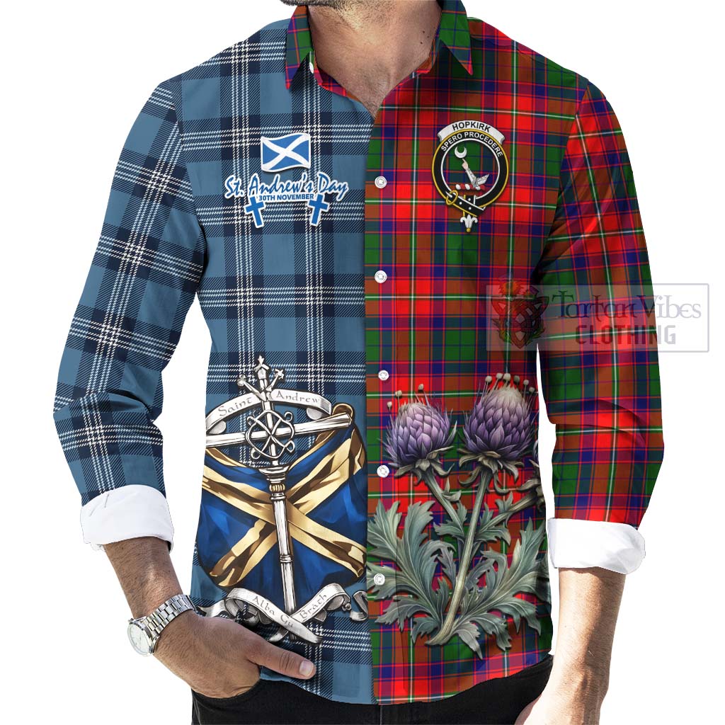 Tartan Vibes Clothing Hopkirk Tartan Long Sleeve Button Shirt Happy St. Andrew's Day Half Tartan Style