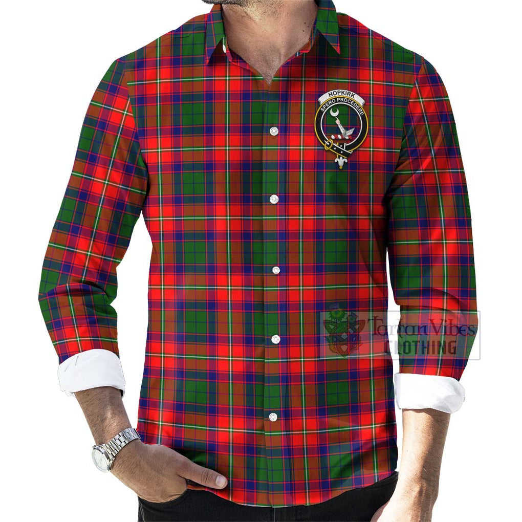 Tartan Vibes Clothing Hopkirk Tartan Long Sleeve Button Shirt with Family Crest Celtic Skull Style