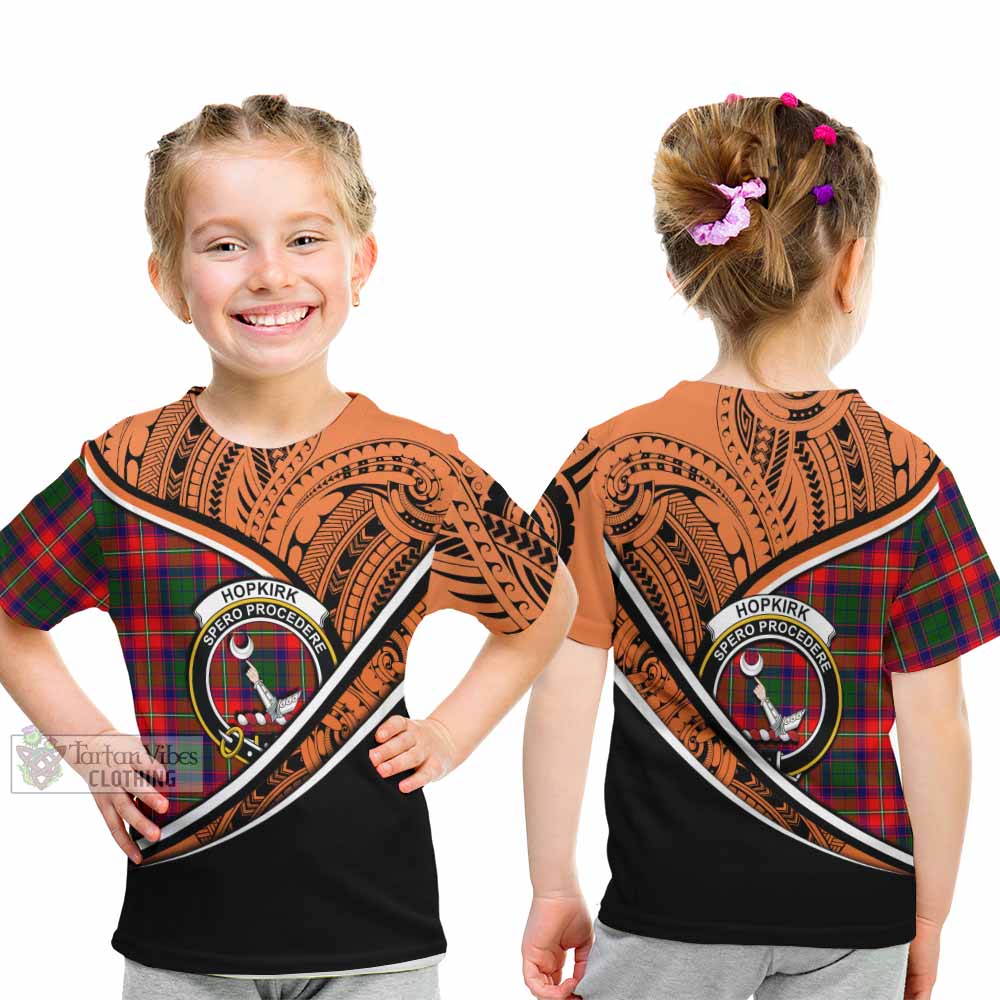 Tartan Vibes Clothing Hopkirk Crest Tartan Kid T-Shirt with Maori Tattoo Style - Orange Version