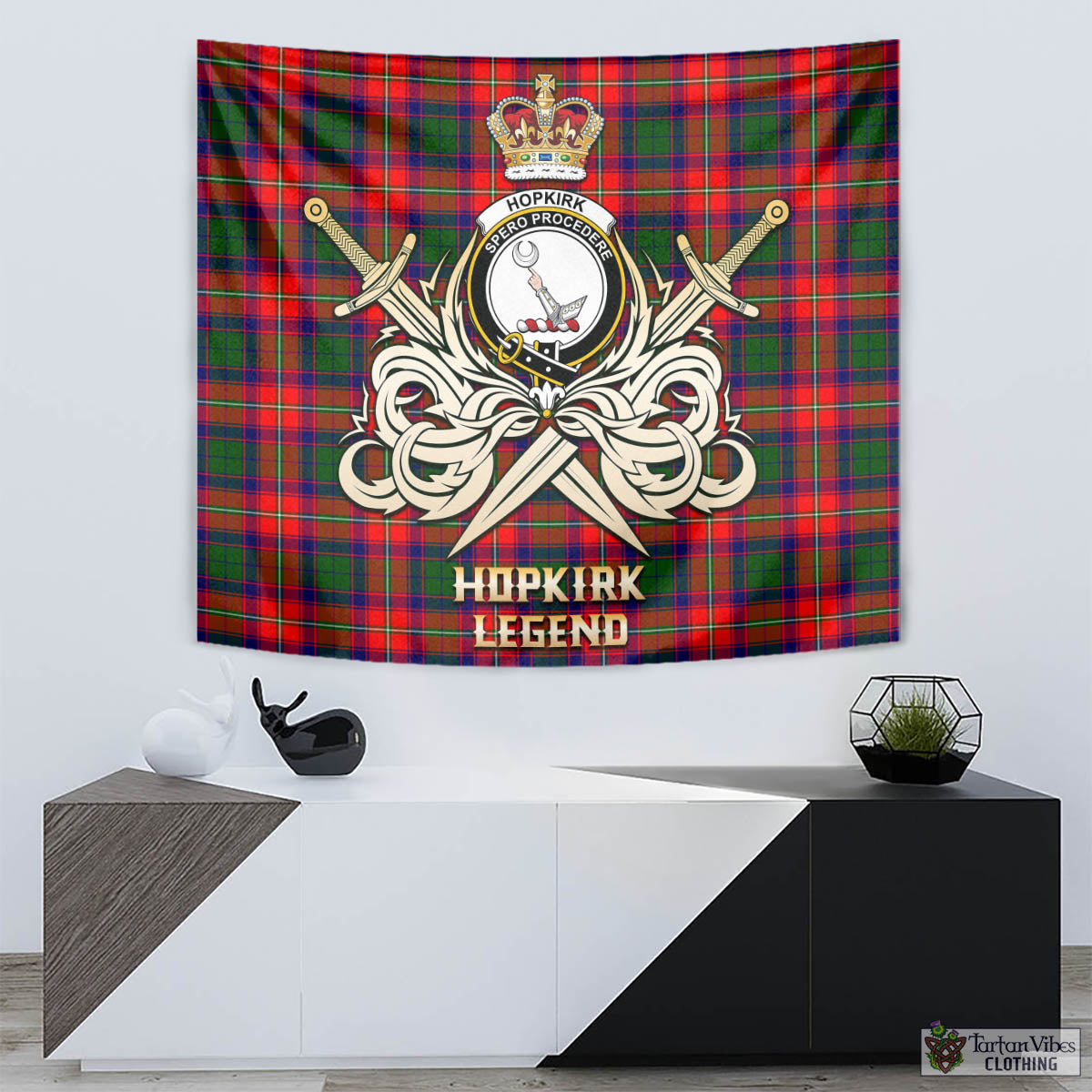 Tartan Vibes Clothing Hopkirk Tartan Tapestry with Clan Crest and the Golden Sword of Courageous Legacy