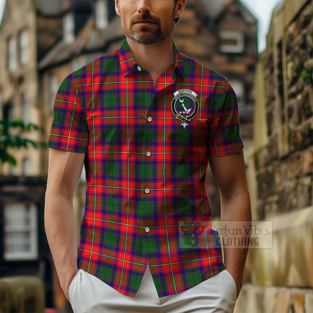 Tartan Vibes Clothing Hopkirk Tartan Short Sleeve Button Shirt with Family Crest Celtic Skull Style