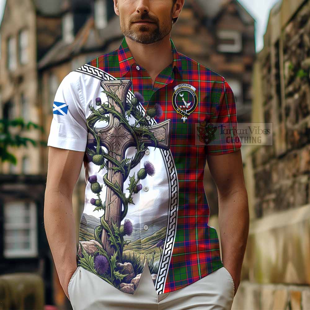 Tartan Vibes Clothing Hopkirk Tartan Short Sleeve Button Shirt with Family Crest and St. Andrew's Cross Accented by Thistle Vines