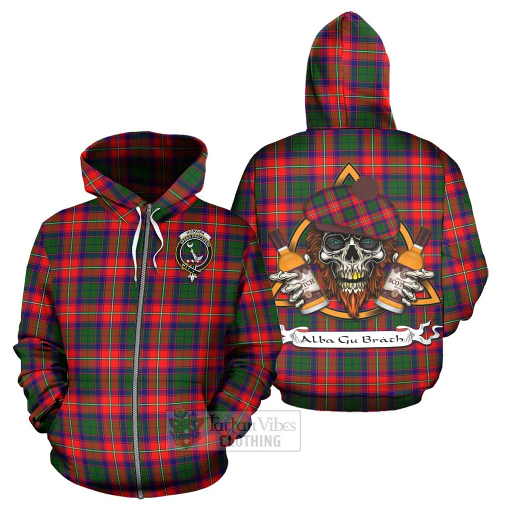 Tartan Vibes Clothing Hopkirk Tartan Hoodie with Family Crest and Bearded Skull Holding Bottles of Whiskey