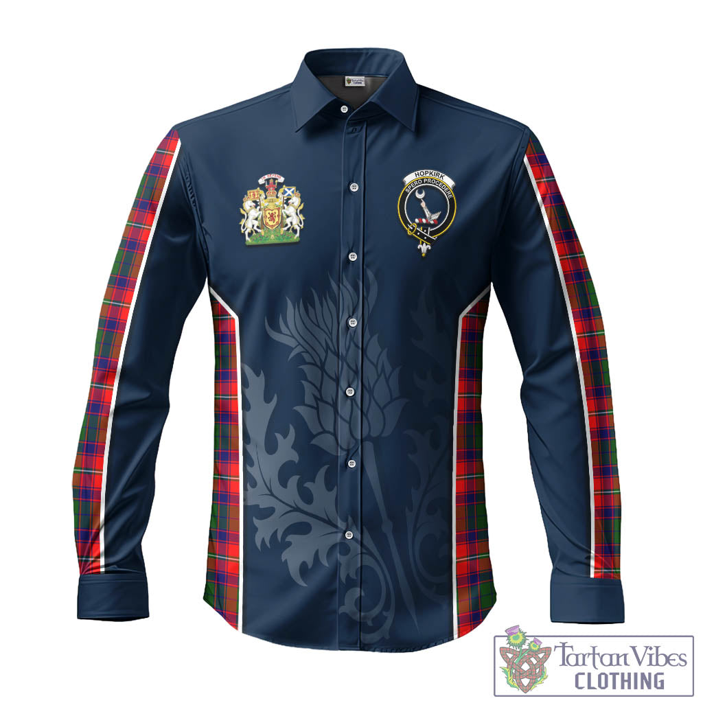 Tartan Vibes Clothing Hopkirk Tartan Long Sleeve Button Up Shirt with Family Crest and Scottish Thistle Vibes Sport Style