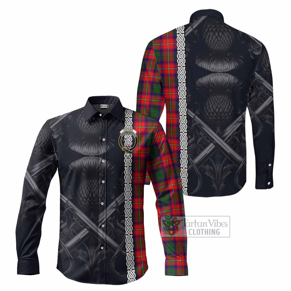 Tartan Vibes Clothing Hopkirk Tartan Long Sleeve Button Shirt with Family Crest Cross Sword Thistle Celtic Vibes