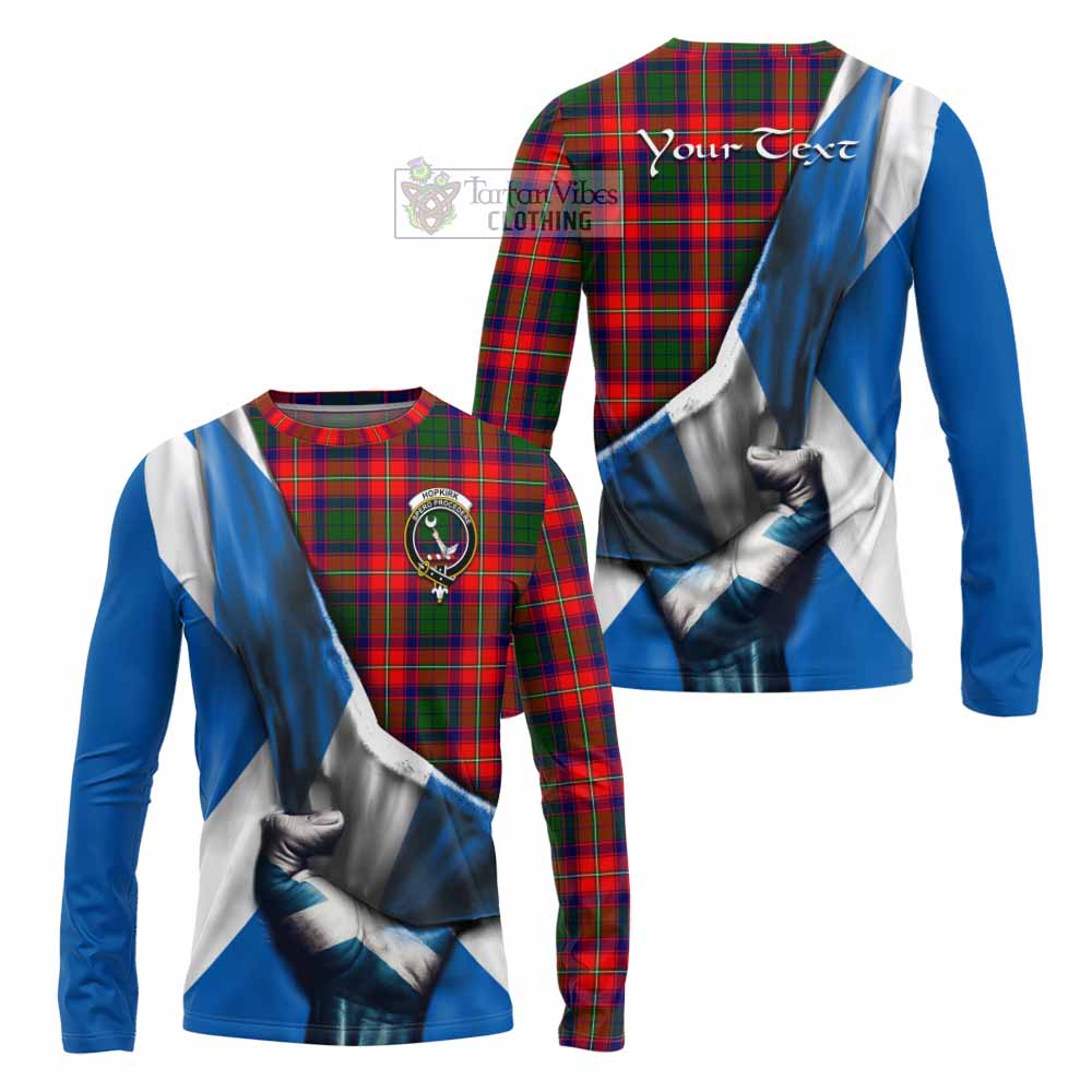 Tartan Vibes Clothing Hopkirk Tartan Long Sleeve T-Shirt with Family Crest Scotland Patriotic Style