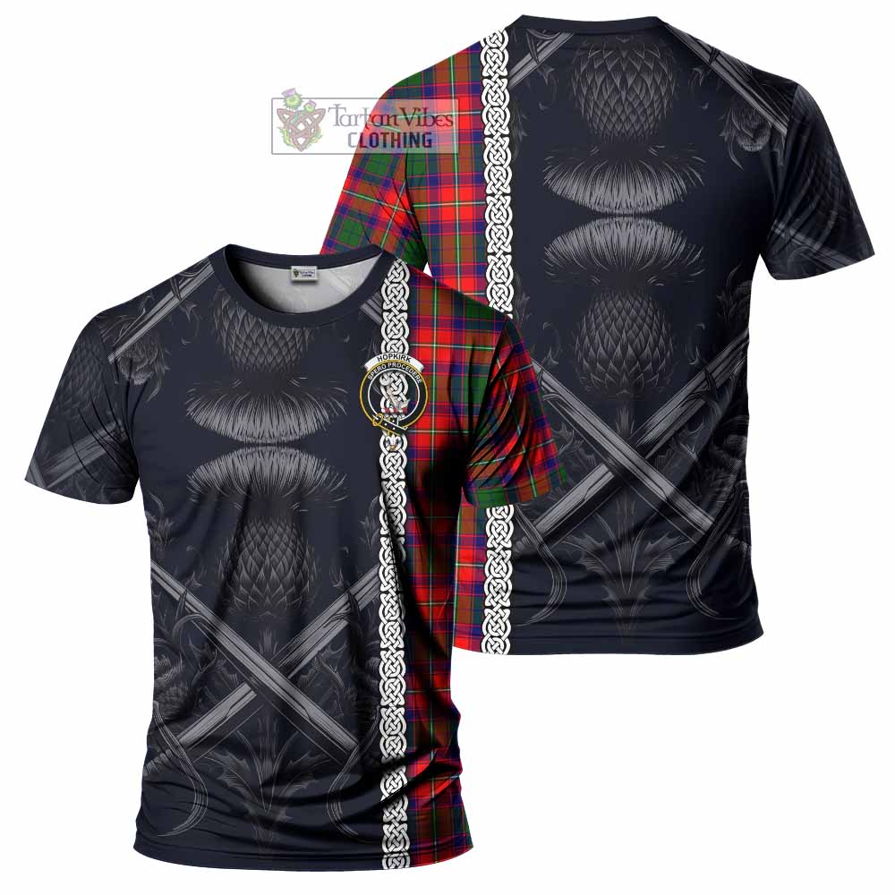 Tartan Vibes Clothing Hopkirk Tartan T-Shirt with Family Crest Cross Sword Thistle Celtic Vibes