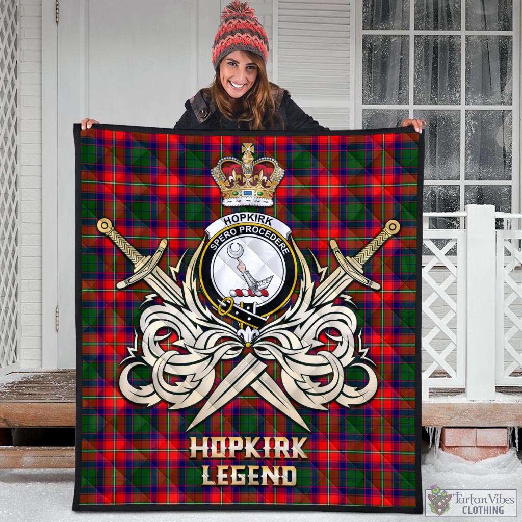 Tartan Vibes Clothing Hopkirk Tartan Quilt with Clan Crest and the Golden Sword of Courageous Legacy