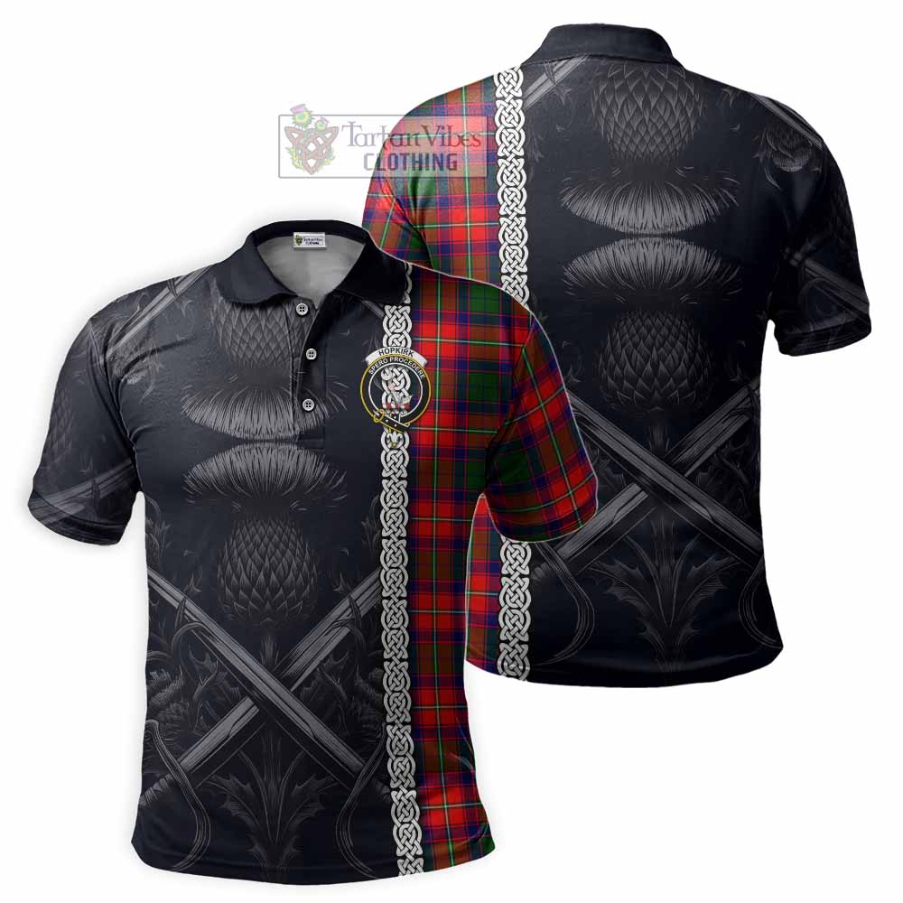 Tartan Vibes Clothing Hopkirk Tartan Polo Shirt with Family Crest Cross Sword Thistle Celtic Vibes