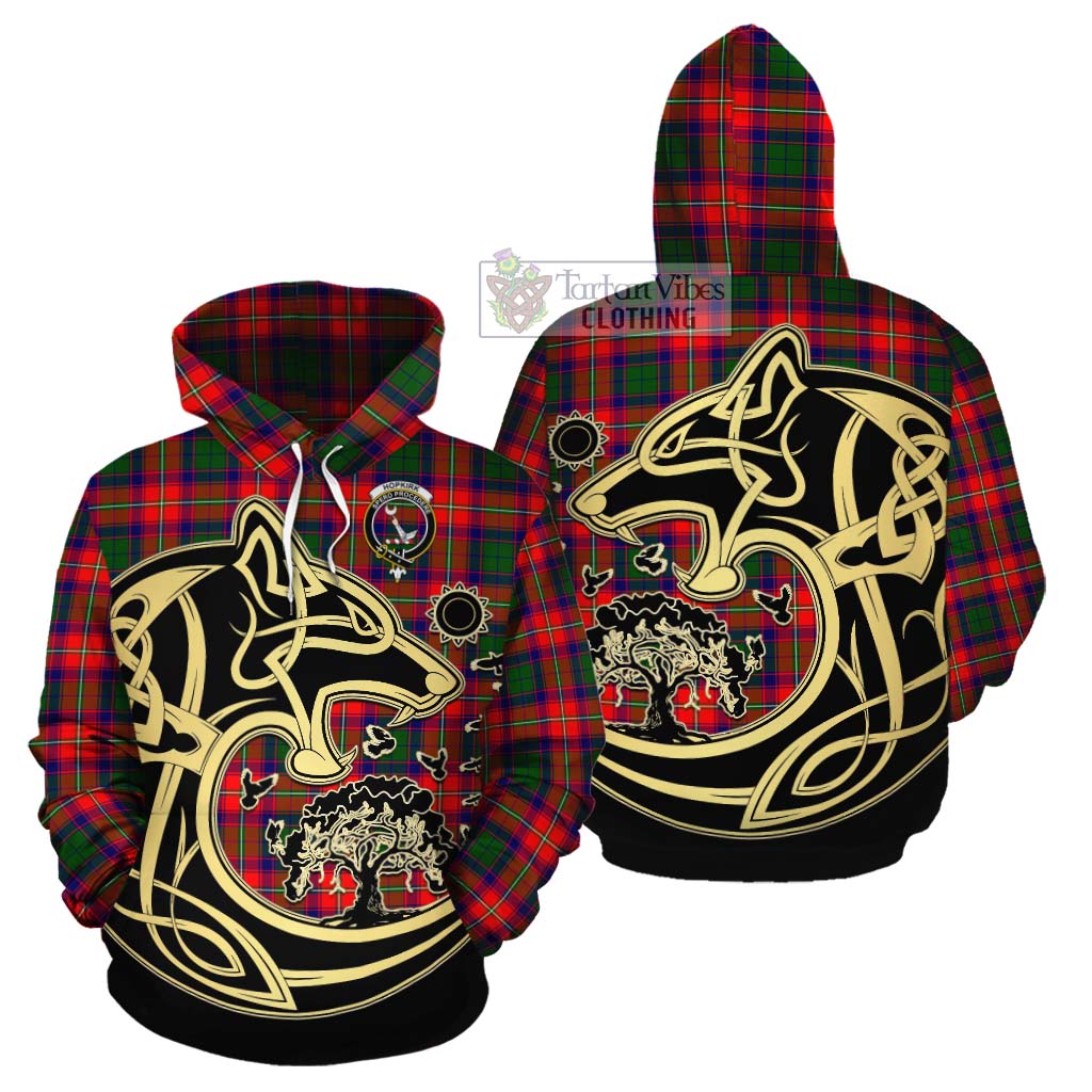 Tartan Vibes Clothing Hopkirk Tartan Cotton Hoodie with Family Crest Celtic Wolf Style