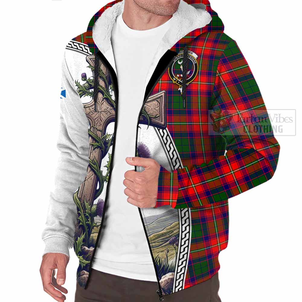 Tartan Vibes Clothing Hopkirk Tartan Sherpa Hoodie with Family Crest and St. Andrew's Cross Accented by Thistle Vines