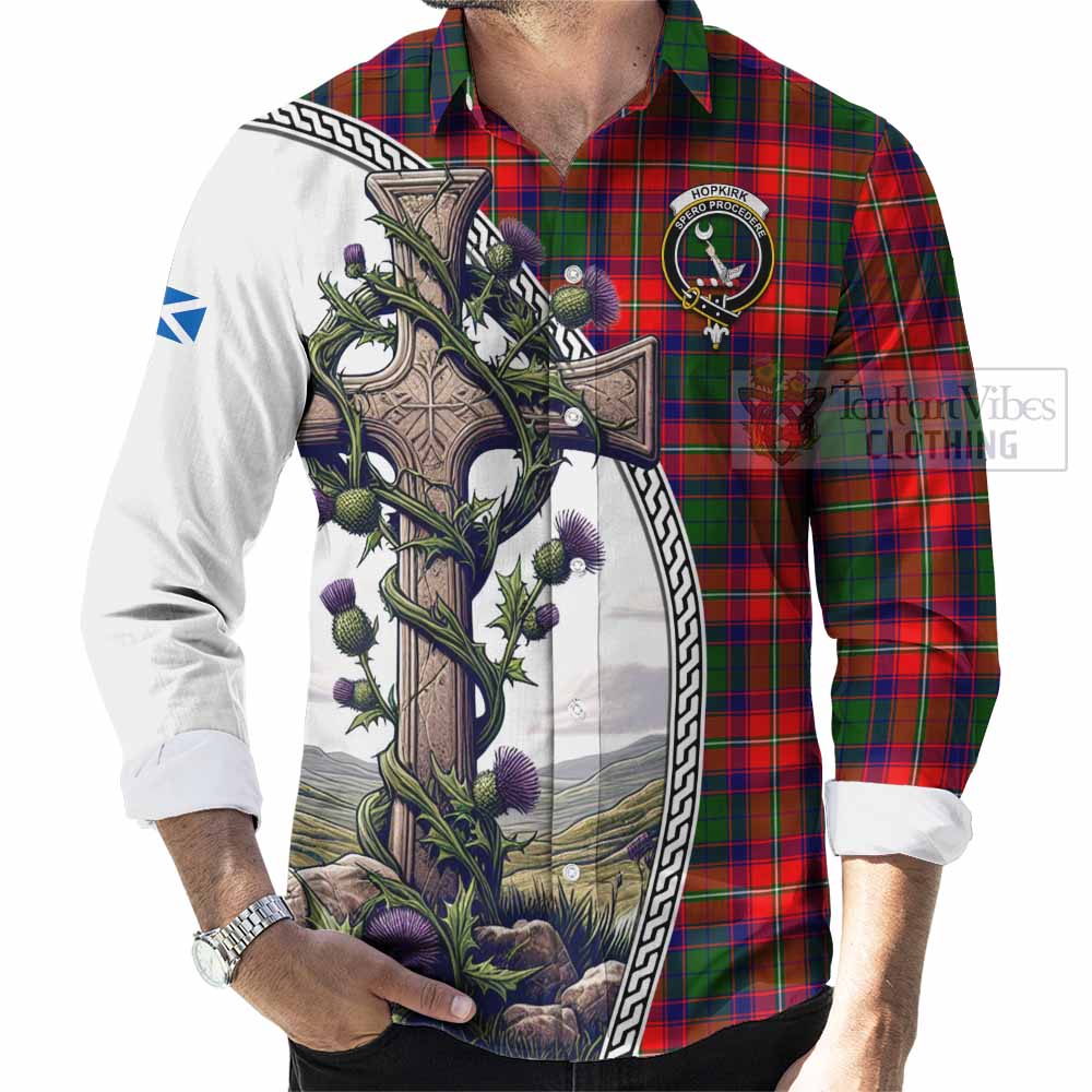 Tartan Vibes Clothing Hopkirk Tartan Long Sleeve Button Shirt with Family Crest and St. Andrew's Cross Accented by Thistle Vines