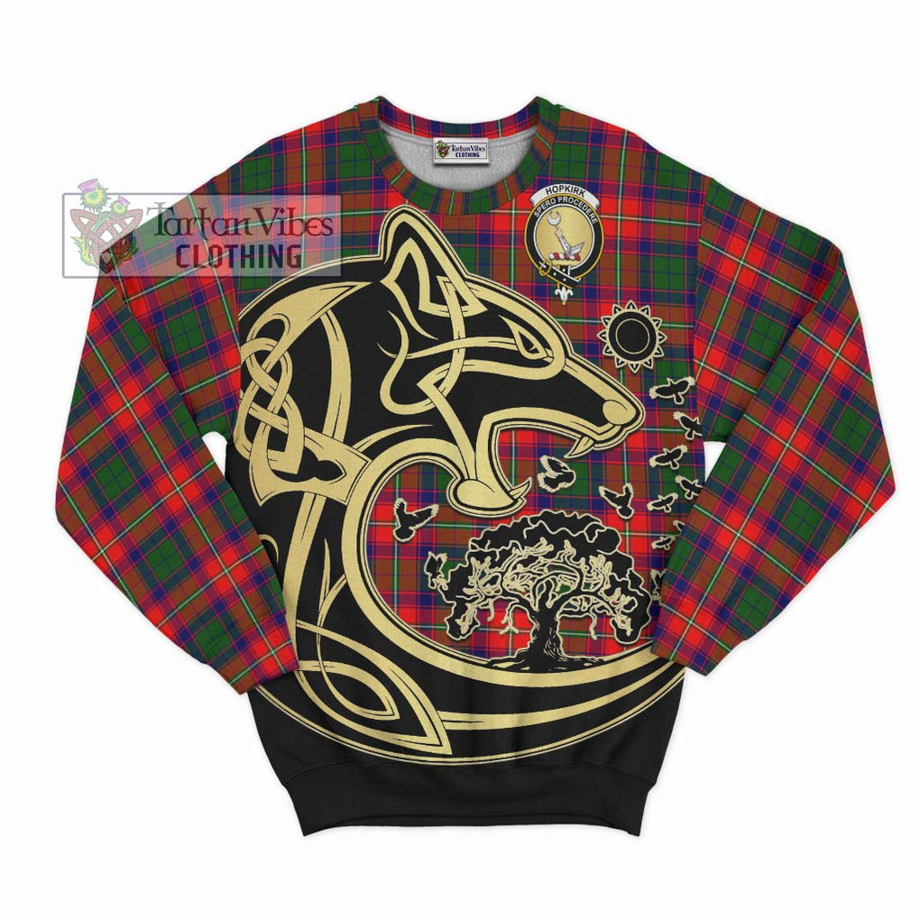 Hopkirk Tartan Sweatshirt with Family Crest Celtic Wolf Style - Tartan Vibes Clothing