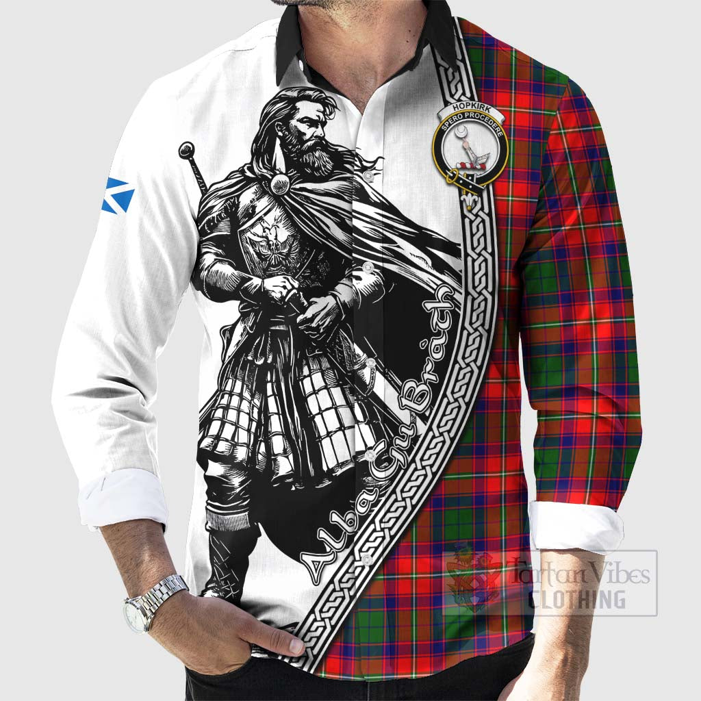 Tartan Vibes Clothing Hopkirk Tartan Clan Crest Long Sleeve Button Shirt with Highlander Warrior Celtic Style