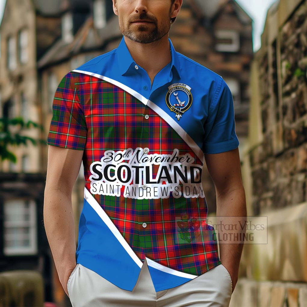 Tartan Vibes Clothing Hopkirk Family Crest Tartan Short Sleeve Button Shirt Celebrate Saint Andrew's Day in Style