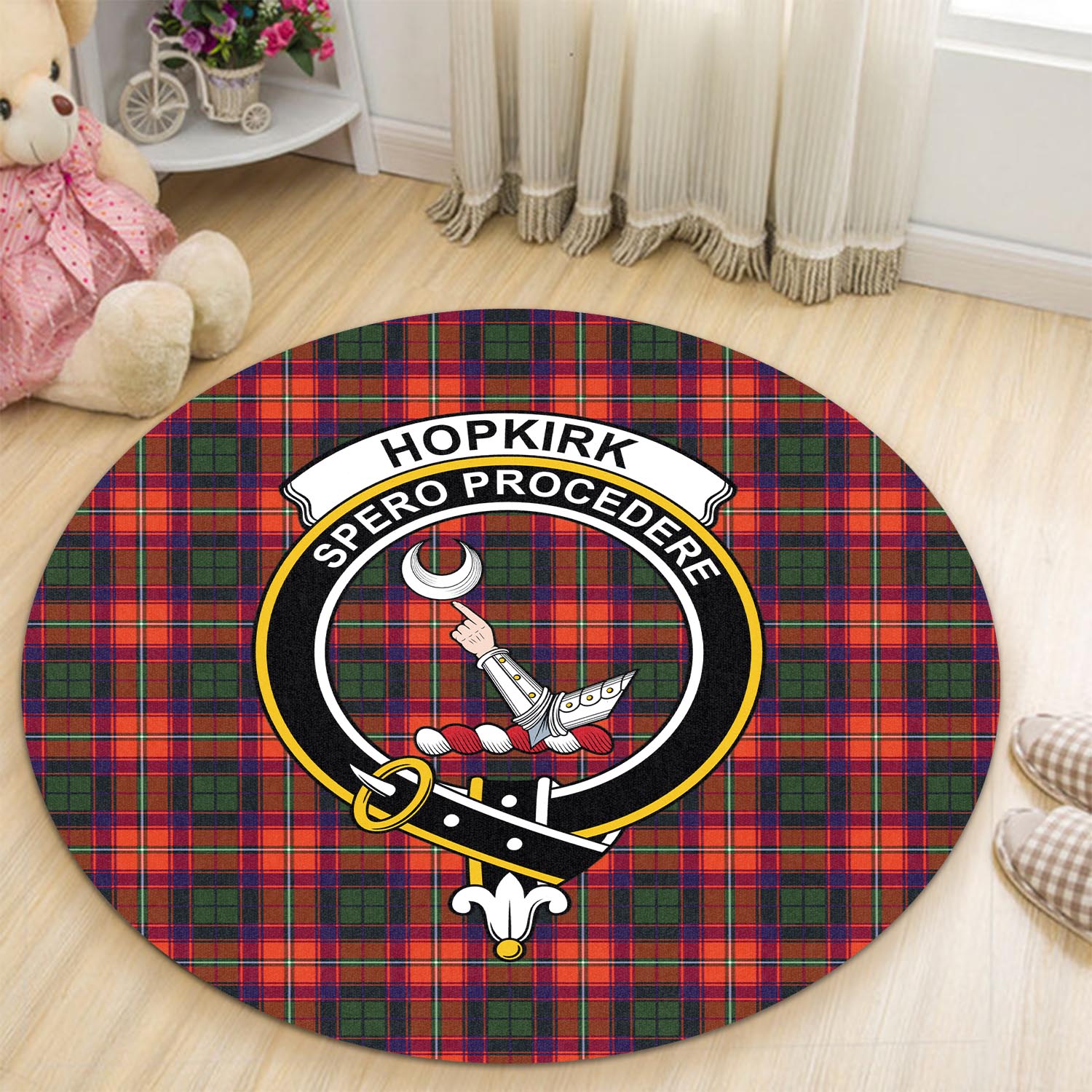 hopkirk-tartan-round-rug-with-family-crest