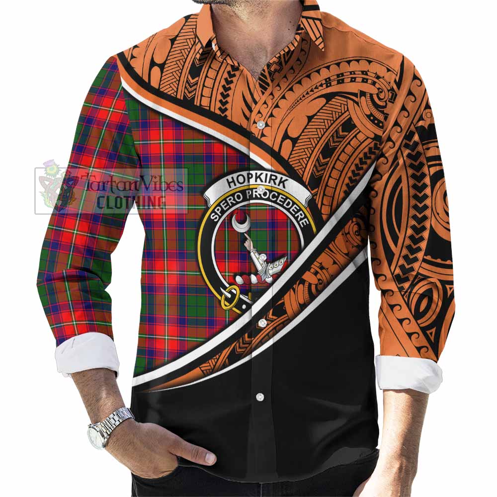 Tartan Vibes Clothing Hopkirk Crest Tartan Long Sleeve Button Shirt with Maori Tattoo Style - Orange Version