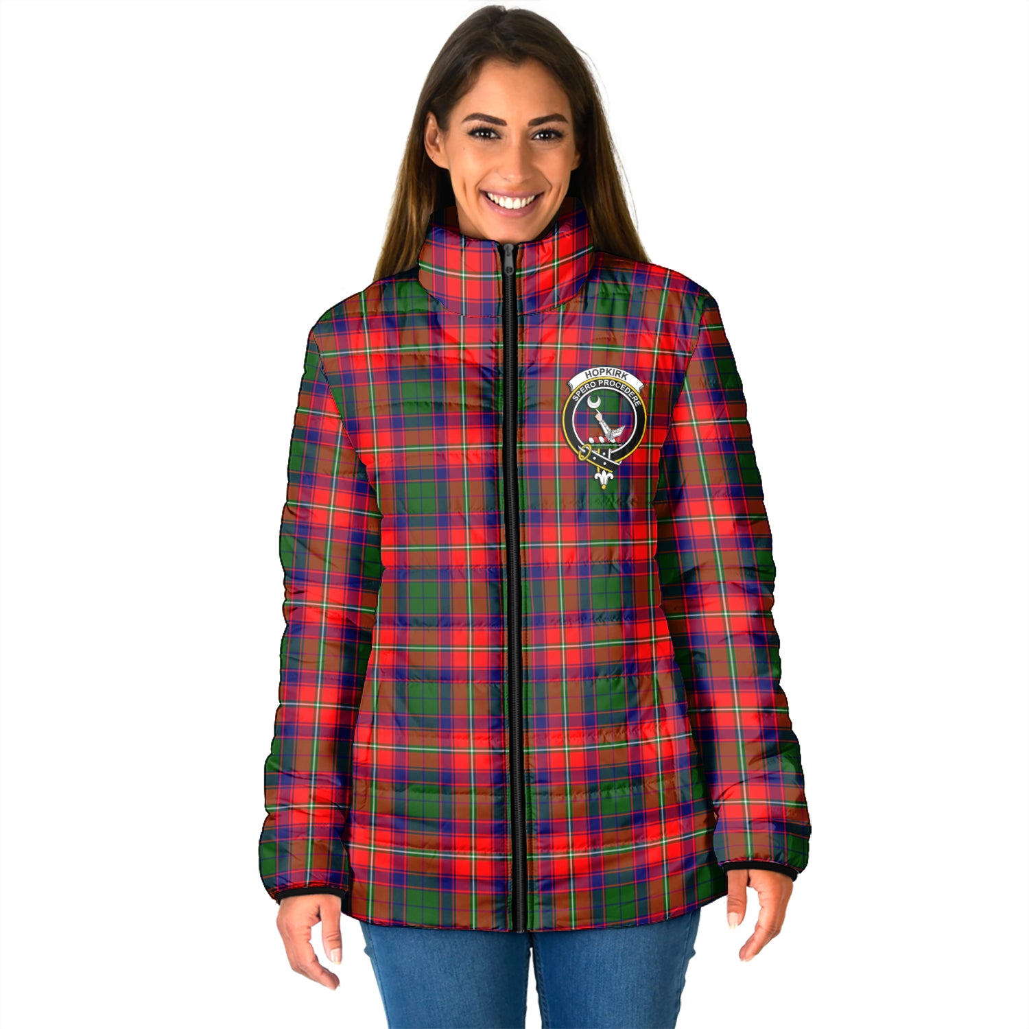 Hopkirk Tartan Padded Jacket with Family Crest - Tartanvibesclothing