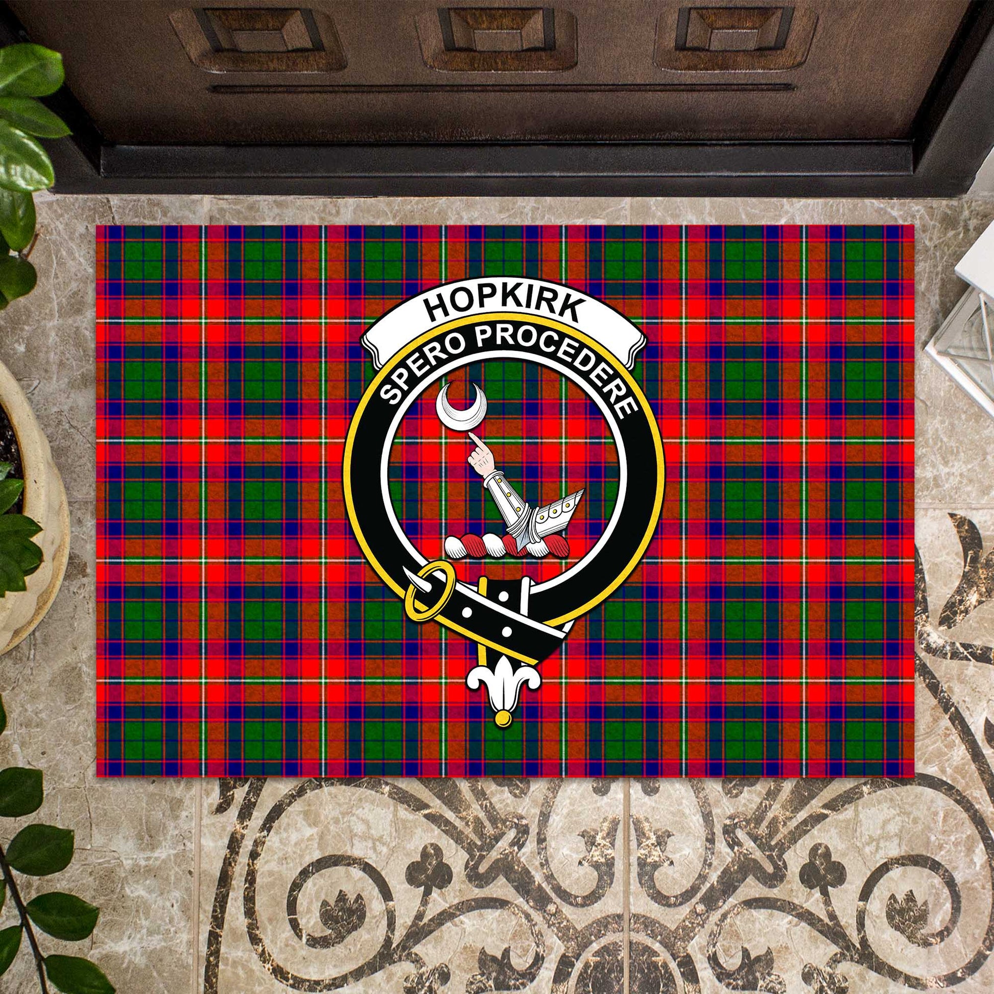 Hopkirk Tartan Door Mat with Family Crest - Tartanvibesclothing