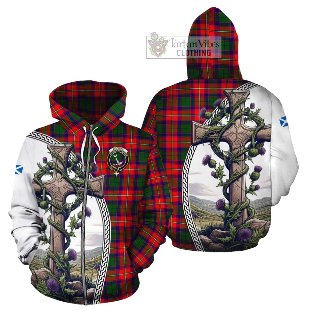 Tartan Vibes Clothing Hopkirk Tartan Cotton Hoodie with Family Crest and St. Andrew's Cross Accented by Thistle Vines