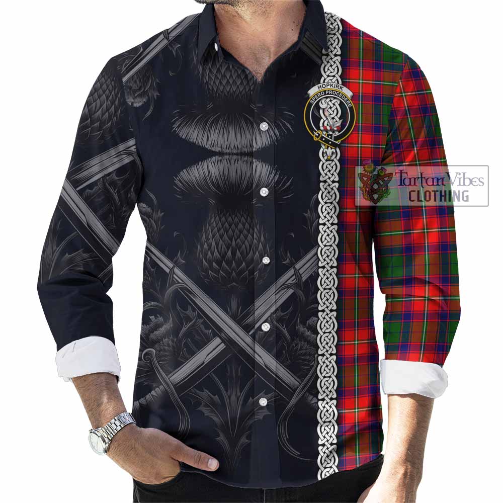 Tartan Vibes Clothing Hopkirk Tartan Long Sleeve Button Shirt with Family Crest Cross Sword Thistle Celtic Vibes