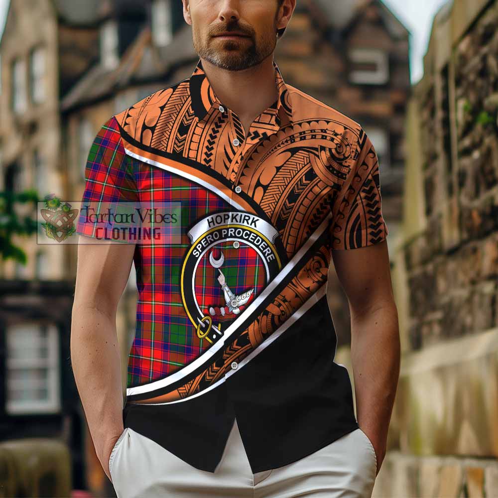 Tartan Vibes Clothing Hopkirk Crest Tartan Short Sleeve Button Shirt with Maori Tattoo Style - Orange Version