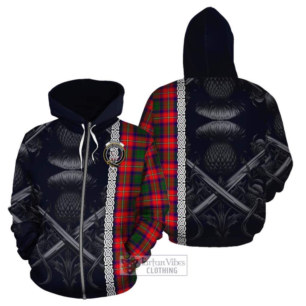 Tartan Vibes Clothing Hopkirk Tartan Cotton Hoodie with Family Crest Cross Sword Thistle Celtic Vibes