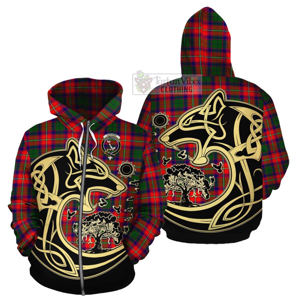 Tartan Vibes Clothing Hopkirk Tartan Cotton Hoodie with Family Crest Celtic Wolf Style