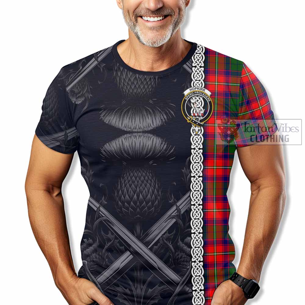 Tartan Vibes Clothing Hopkirk Tartan T-Shirt with Family Crest Cross Sword Thistle Celtic Vibes