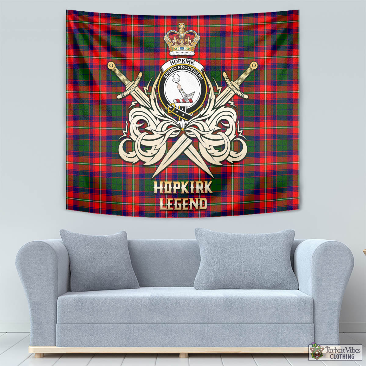 Tartan Vibes Clothing Hopkirk Tartan Tapestry with Clan Crest and the Golden Sword of Courageous Legacy