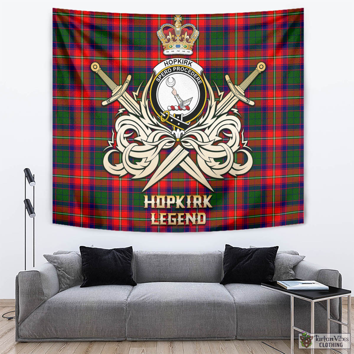 Tartan Vibes Clothing Hopkirk Tartan Tapestry with Clan Crest and the Golden Sword of Courageous Legacy